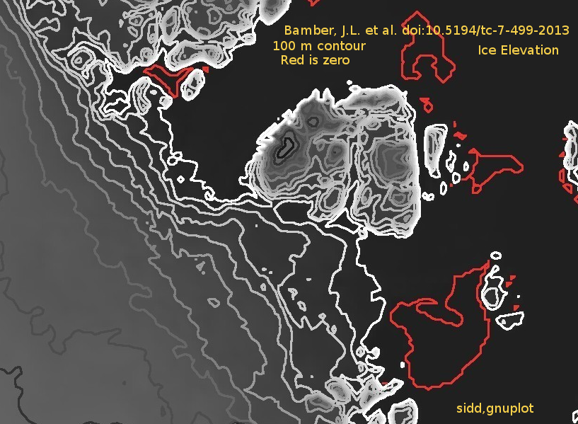 Contours of ice surface on
Nioghalvfjerdsfjorden and Zachariae Isstrom.